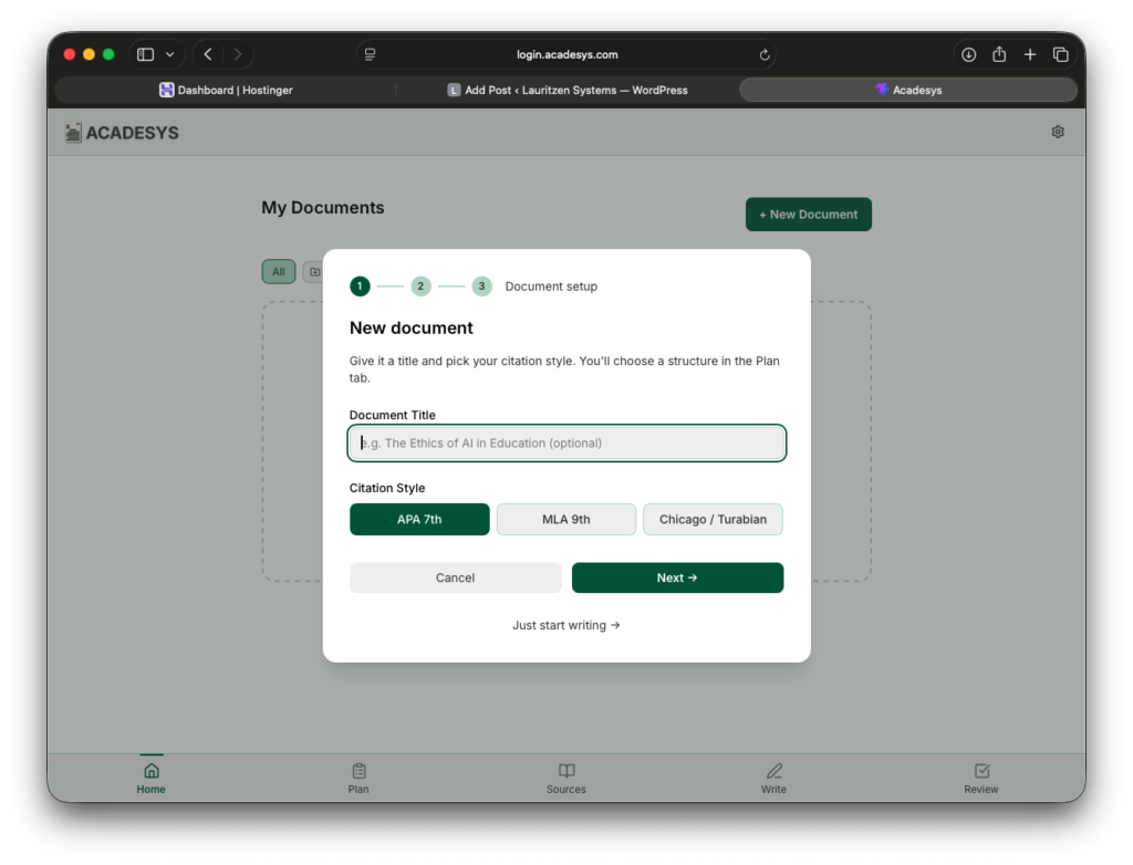 Acadesys New Document Screen