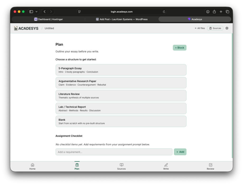 Acadesys Plan Screen