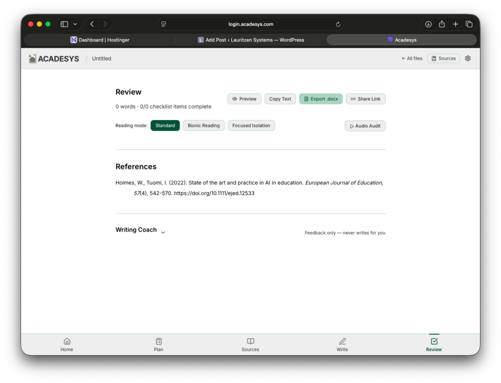 Acadesys Review Screen